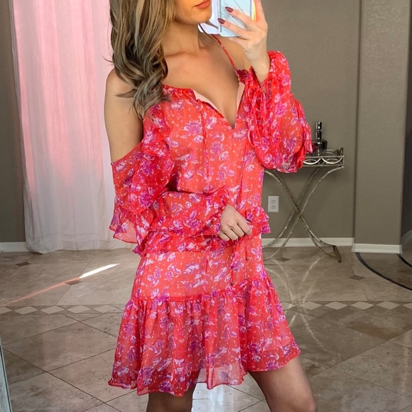 Adelyn Rae Dresses & Skirts - Adelyn Rae Pink Floral Ruffle Cold Shoulder Dress